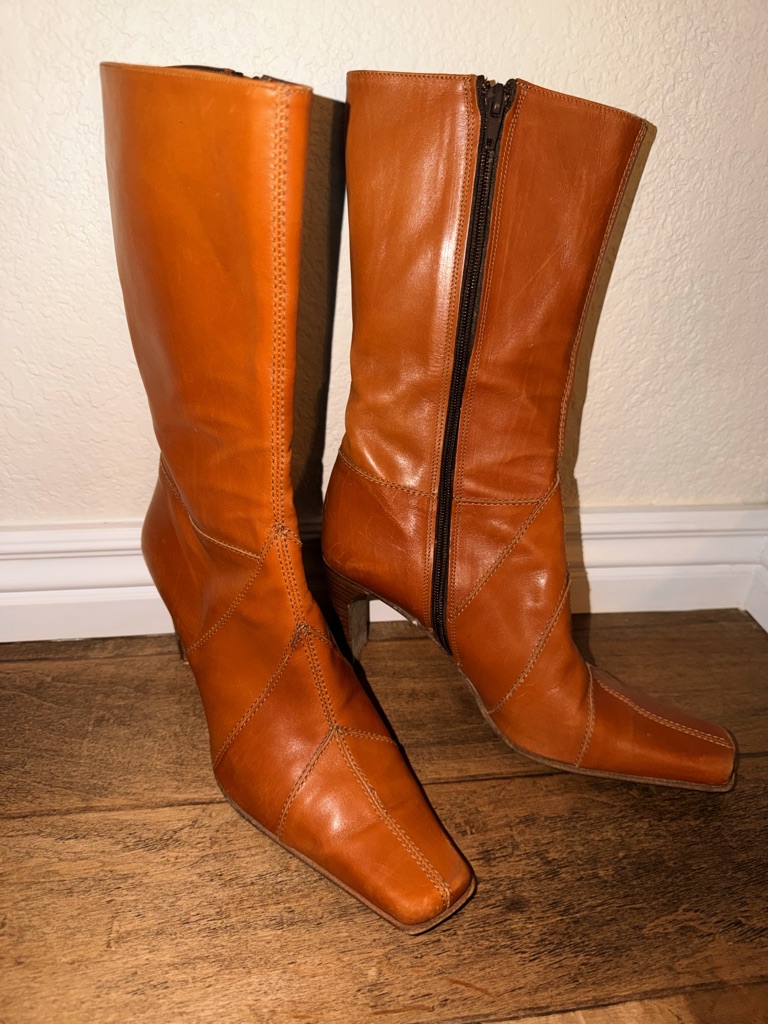 Rangoni Cognac Leather Mid-Calf Zip Heeled Boots
